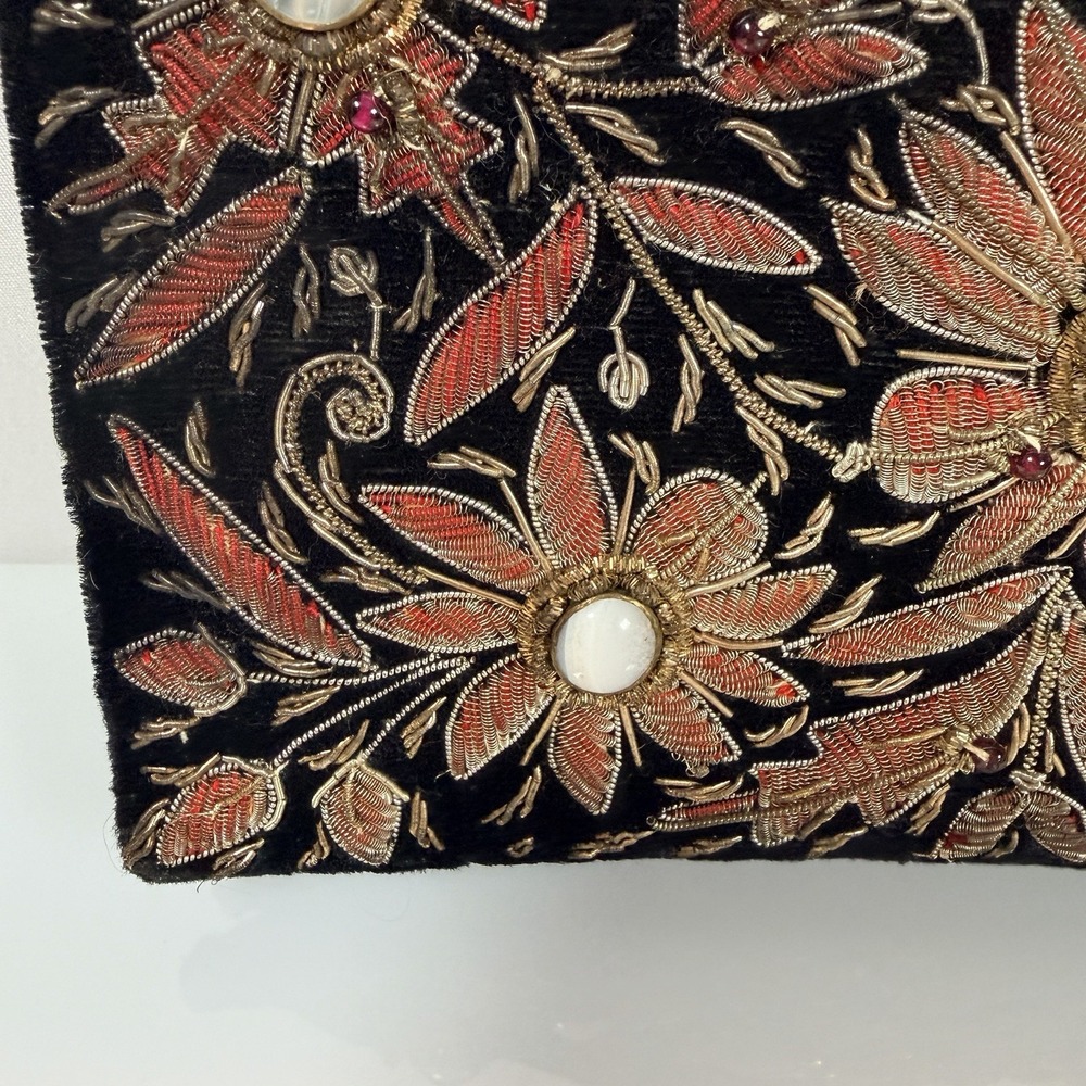 Vintage Evening Handbag Floral Embroidered & Gemstones Clutch Purse FLAW - Picture 9 of 16